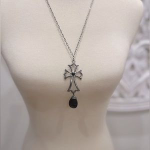 Dark silver chain with cross and black jewel